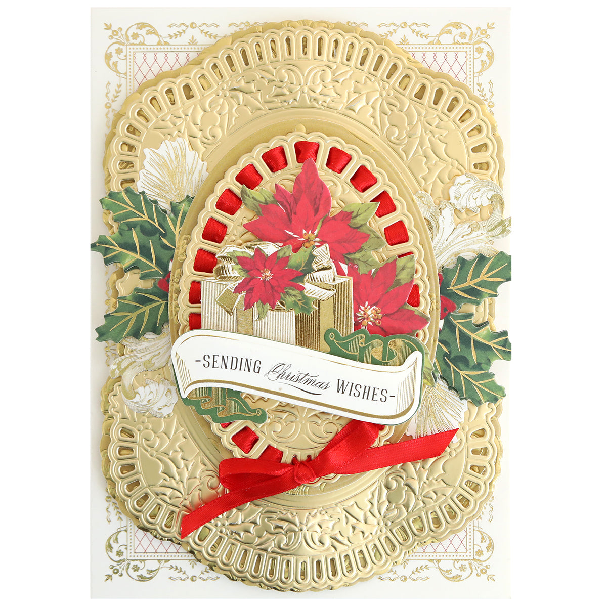 Create elegant gold cards with embossed details, red ribbon, poinsettias, holly, and a “Sending Christmas Wishes” banner using the Christmas Grace 3D Concentric Die Set—ideal for holiday cards or scrapbook pages.
