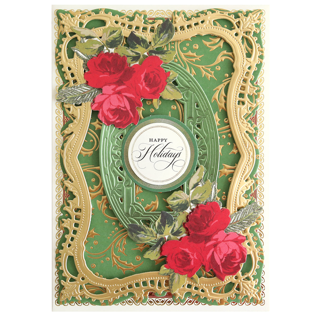 Create festive holiday cards with Christmas Grace Tonal Foil Card Stock, featuring gold and green frames, red roses, and a “Happy Holidays” label on elegant foil—perfect for beautiful seasonal greetings.