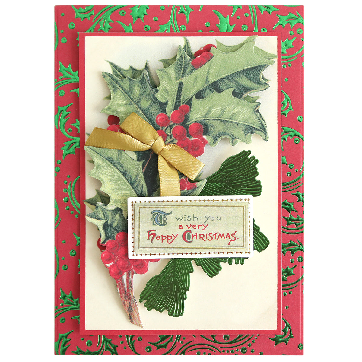 The Christmas Grace Tonal Foil Card Stock features holly, pine branches, a gold bow, and "To wish you a very Happy Christmas" on red and green embossed cardstock—perfect for holiday card making.