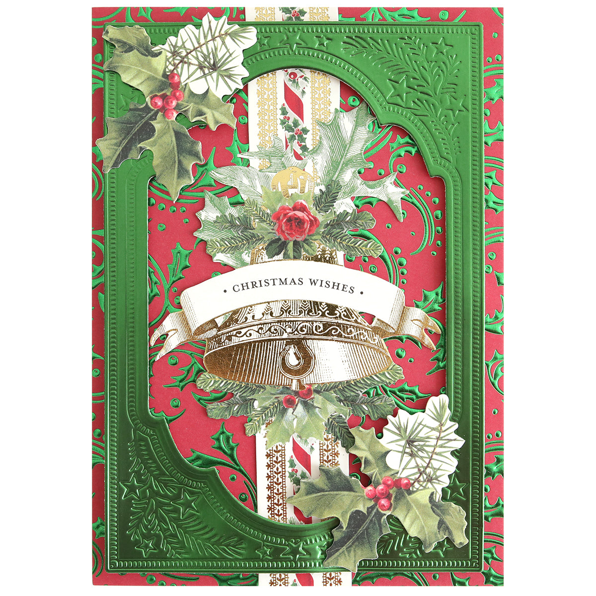The Christmas Grace Tonal Foil Card Stock features green and gold foil accents, holly leaves, a bell, and "Christmas Wishes" on a red patterned background—ideal for festive card making or crafts with embossed cardstock details.