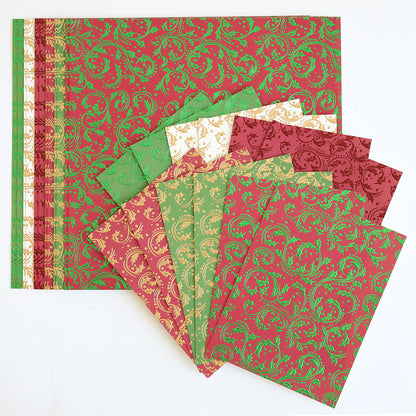 Christmas Grace Tonal Foil Card Stock in red, green, and gold with elegant gold patterns—perfect for holiday card making—is beautifully displayed on a flat surface.