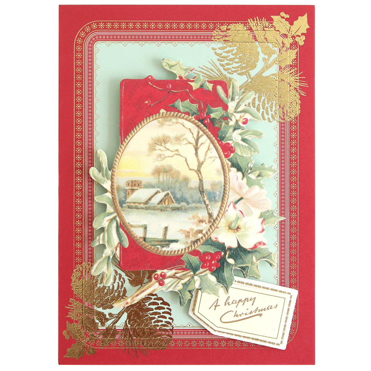 Holiday Nostalgia Foil Rub Ons feature vintage Christmas designs—winter scenes, holly, pinecones, and flowers—with red and gold borders, shimmer accents, and tags like "A happy Christmas." Ideal for adding festive charm to your papercrafting projects.