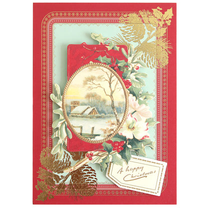 Holiday Nostalgia Foil Rub Ons feature vintage Christmas designs—winter scenes, holly, pinecones, and flowers—with red and gold borders, shimmer accents, and tags like "A happy Christmas." Ideal for adding festive charm to your papercrafting projects.