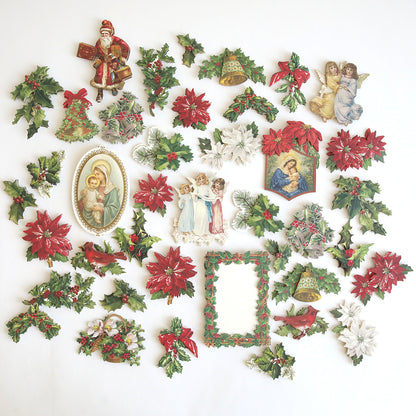 Holiday Nostalgia Embellishments feature vintage-inspired Christmas icons—holly leaves, poinsettias, bells, angels, and framed holiday images—perfect for adding festive charm to your paper crafts.