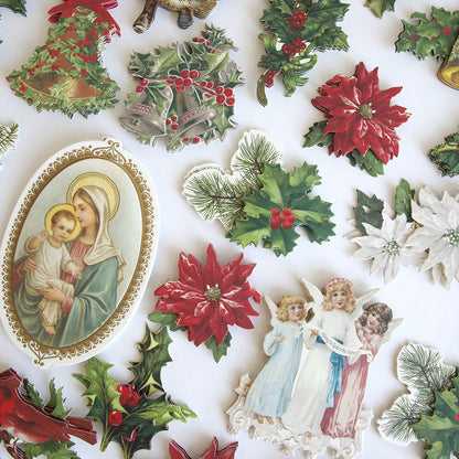 Holiday Nostalgia Embellishments: vintage-inspired Christmas cutouts with poinsettias, holly, pine branches, Madonna and Child, and three angels—ideal for holiday paper crafts or as festive accents.