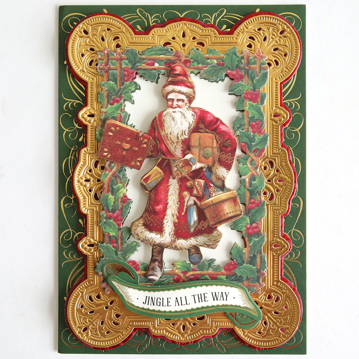 Add festive flair to your crafts with Holiday Nostalgia Embellishments—vintage Santa holding gifts, holly accents, gold foil details, and “Jingle All the Way” text—perfect for holiday cardmaking and scrapbooking.