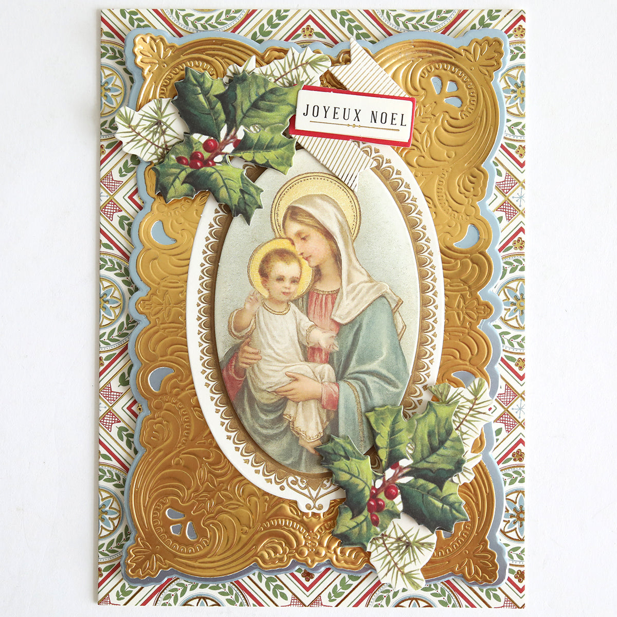 Holiday Nostalgia Embellishments: Vintage-inspired Christmas cards with gold ornate borders, Mary and baby Jesus, holly leaves, and "Joyeux Noel"—perfect for festive crafts or as charming Christmas decor.