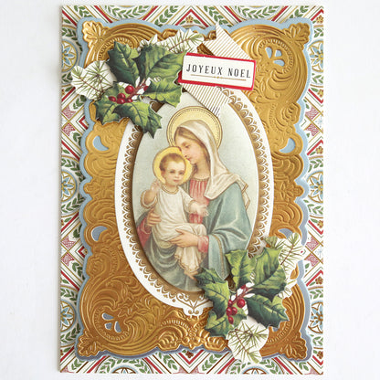 Holiday Nostalgia Embellishments: Vintage-inspired Christmas cards with gold ornate borders, Mary and baby Jesus, holly leaves, and "Joyeux Noel"—perfect for festive crafts or as charming Christmas decor.