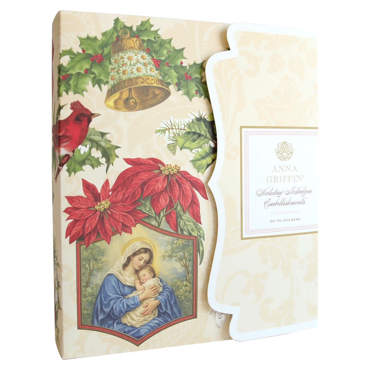 Holiday Nostalgia Embellishments by Anna Griffin showcase vintage-style images of a bell, holly, poinsettias, cardinal, and Madonna with child on beige—ideal for holiday paper crafts or Christmas decorations.