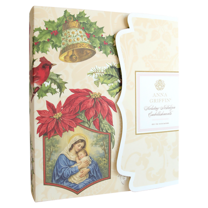 Holiday Nostalgia Embellishments by Anna Griffin showcase vintage-style images of a bell, holly, poinsettias, cardinal, and Madonna with child on beige—ideal for holiday paper crafts or Christmas decorations.