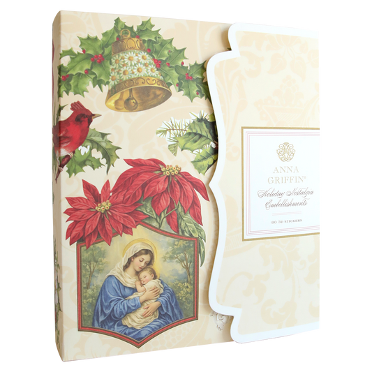 Holiday Nostalgia Embellishments by Anna Griffin showcase vintage-style images of a bell, holly, poinsettias, cardinal, and Madonna with child on beige—ideal for holiday paper crafts or Christmas decorations.