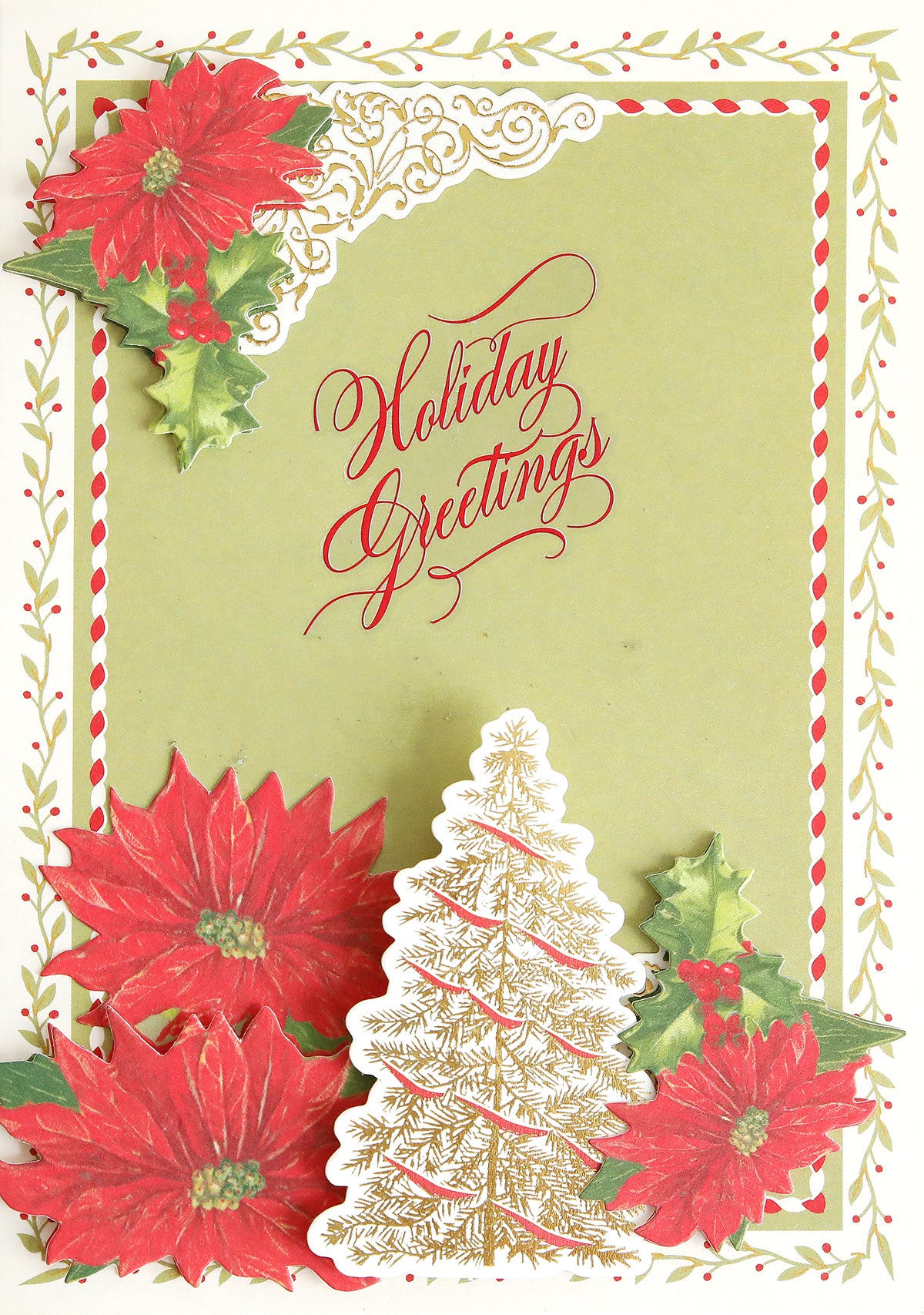 Add a personalized touch to your handmade cards or holiday paper crafts with this holiday card featuring red poinsettias, holly leaves, and a gold-embossed pine tree. The "Holiday Greetings" text appears in red script on a green background for a festive look. Pair it with Christmas Card Sentiment Rub Ons to create truly unique Christmas greetings.
