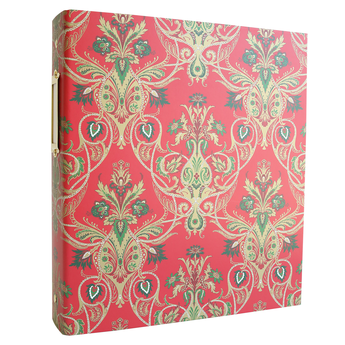 The Christmas Jasmine Die Storage Binder is a red organizer adorned with gold and green ornate floral patterns, featuring a gold metal handle on the spine. Designed for storing your metal cutting dies and magnetic die storage solutions, it is shown here against a white background.