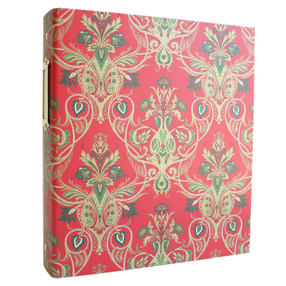The Christmas Jasmine Die Storage Binder is a red organizer adorned with gold and green ornate floral patterns, featuring a gold metal handle on the spine. Designed for storing your metal cutting dies and magnetic die storage solutions, it is shown here against a white background.