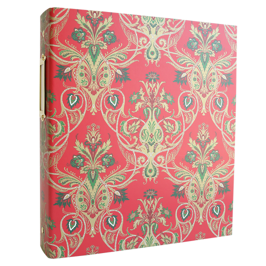 The Christmas Jasmine Die Storage Binder is a red organizer adorned with gold and green ornate floral patterns, featuring a gold metal handle on the spine. Designed for storing your metal cutting dies and magnetic die storage solutions, it is shown here against a white background.