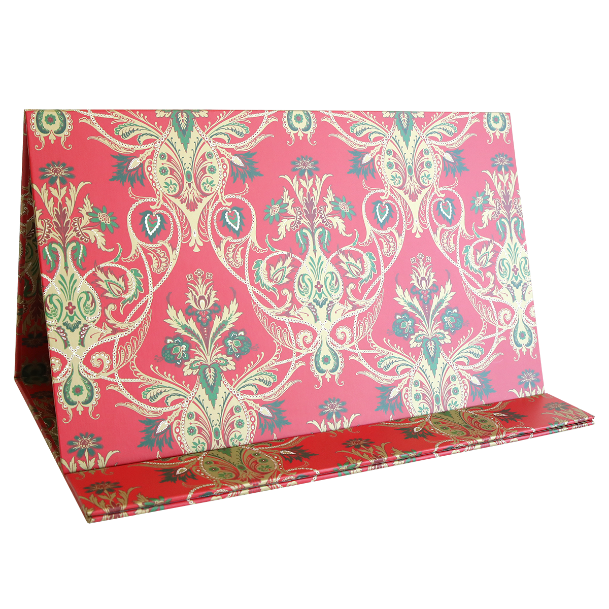 Christmas Jasmine Magnetic Die Stand in red and gold, featuring an ornate, symmetrical floral pattern inspired by Christmas Jasmine. Perfect for displaying magnetic die collections or organizing your favorite holiday dies. Pictured on a clean white background.