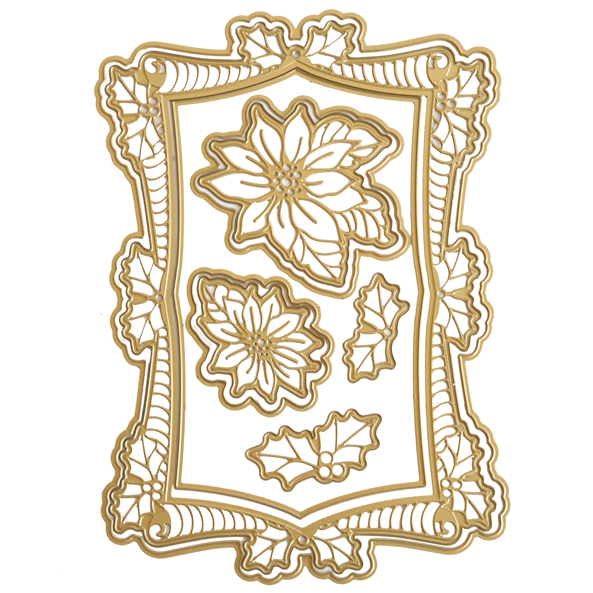 The Poinsettia Scroll Frame 3D Dies create a gold die-cut frame with intricate floral and holly designs, three poinsettias, and two holly leaf clusters on a white background for a festive look.