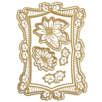 The Poinsettia Scroll Frame 3D Dies create a gold die-cut frame with intricate floral and holly designs, three poinsettias, and two holly leaf clusters on a white background for a festive look.