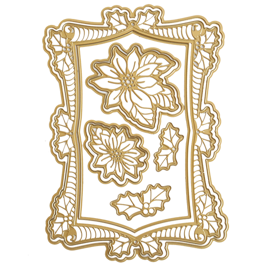The Poinsettia Scroll Frame 3D Dies create a gold die-cut frame with intricate floral and holly designs, three poinsettias, and two holly leaf clusters on a white background for a festive look.