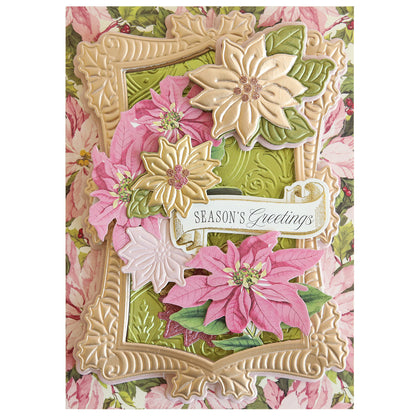 A decorative card featuring layered flowers, an ornate gold frame made with Poinsettia Scroll Frame 3D Dies, and a "Season's Greetings" message on a green and pink floral background.