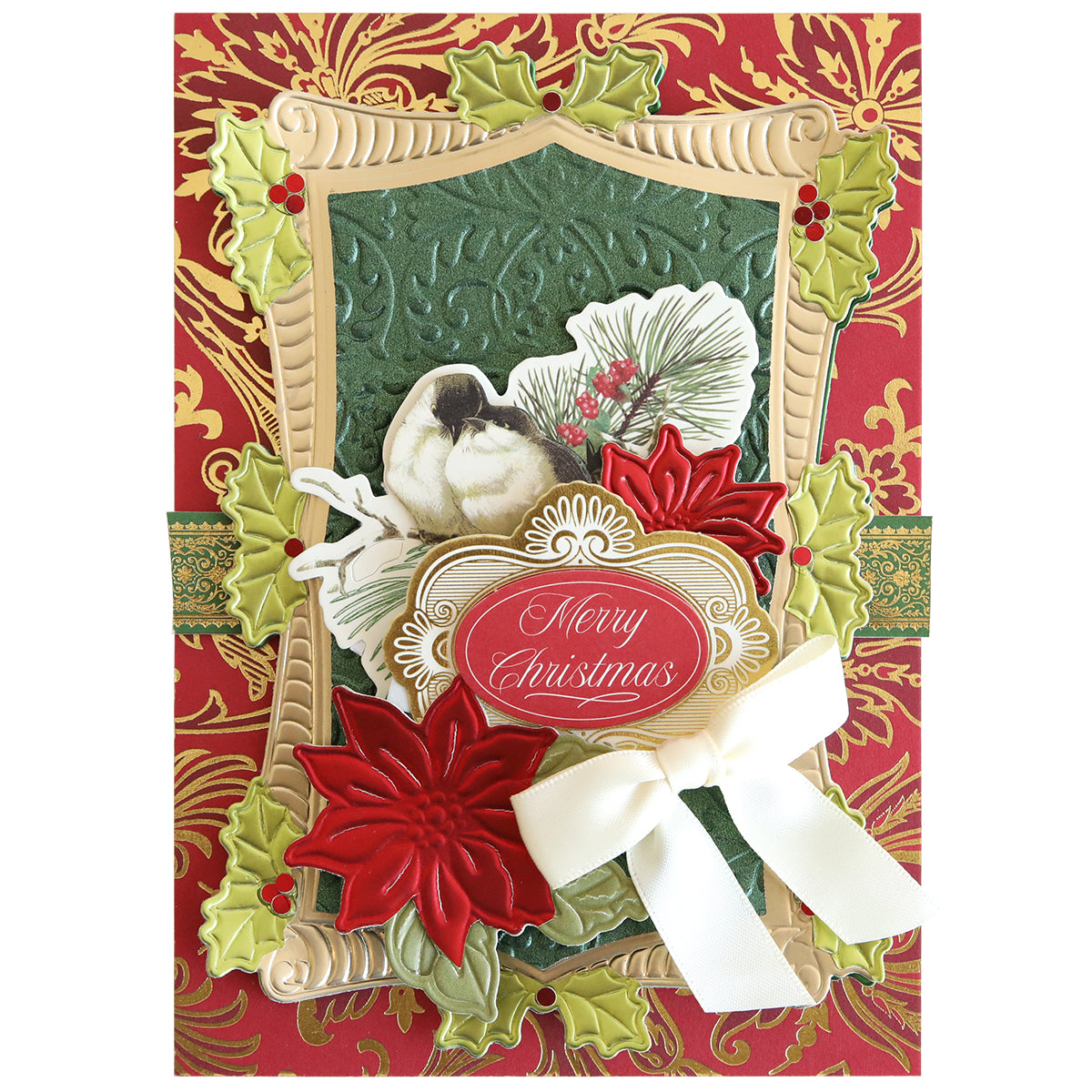 A Christmas card featuring red and gold floral designs, a white ribbon bow, poinsettias, holly leaves, and "Merry Christmas" in the center, elegantly crafted with Poinsetta Scroll Frame 3D Dies.