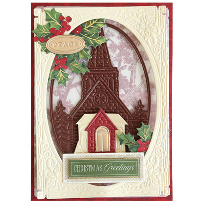 The Christmas Church Frame 3D Dies creates a decorative card with a raised church, holly leaves, and "Peace" and "Christmas Greetings" in ornate frames—ideal for anyone who loves festive Christmas cards and décor.