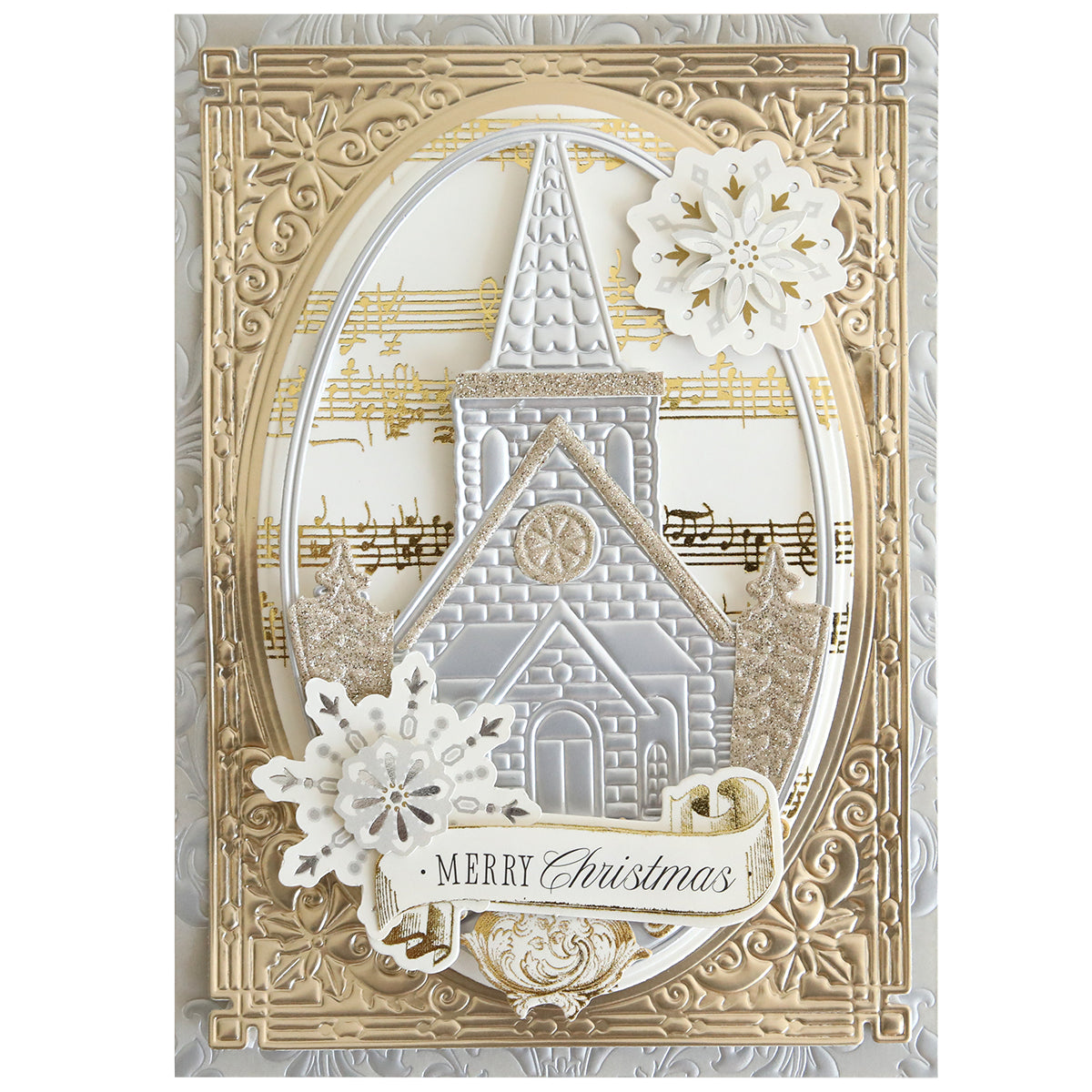 Create festive cards with the Christmas Church Frame 3D Dies, featuring an embossed church, musical notes background, gold accents, snowflakes, and a "Merry Christmas" banner—ideal for elegant holiday greetings.