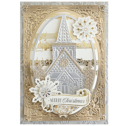 Create festive cards with the Christmas Church Frame 3D Dies, featuring an embossed church, musical notes background, gold accents, snowflakes, and a "Merry Christmas" banner—ideal for elegant holiday greetings.