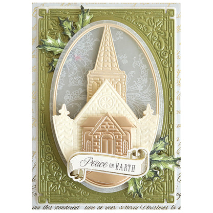 Send festive greetings with the Christmas Church Frame 3D Dies, featuring a raised church illustration, "Peace on Earth" text, ornate green and gold borders, and holly leaf accents—perfect for crafting elegant Christmas cards.