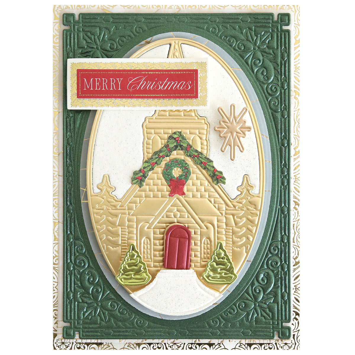 Embossed card from the Christmas Church Frame 3D Dies collection featuring a church with wreath, two trees, star, and "Merry Christmas" in a green and gold frame, beautifully crafted with 3D Dies.