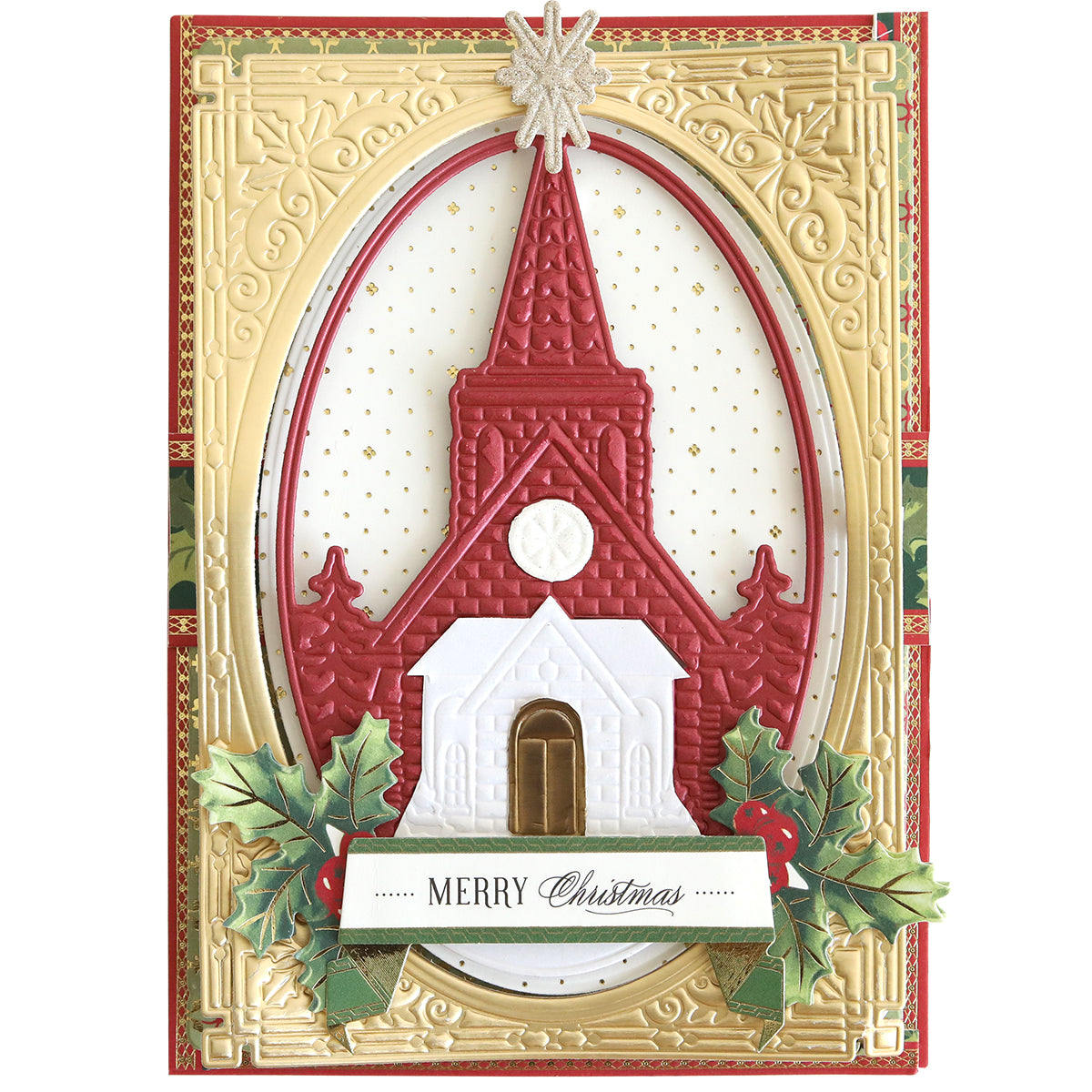 Showcase your festive designs with the Christmas Church Frame 3D Dies—a decorative card featuring a red and white church, holly leaves, gold embossed details, and "Merry Christmas" at the bottom.
