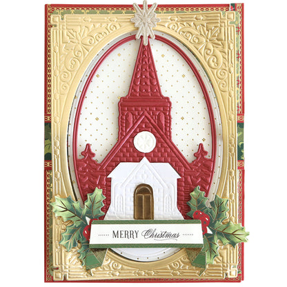 Showcase your festive designs with the Christmas Church Frame 3D Dies—a decorative card featuring a red and white church, holly leaves, gold embossed details, and "Merry Christmas" at the bottom.
