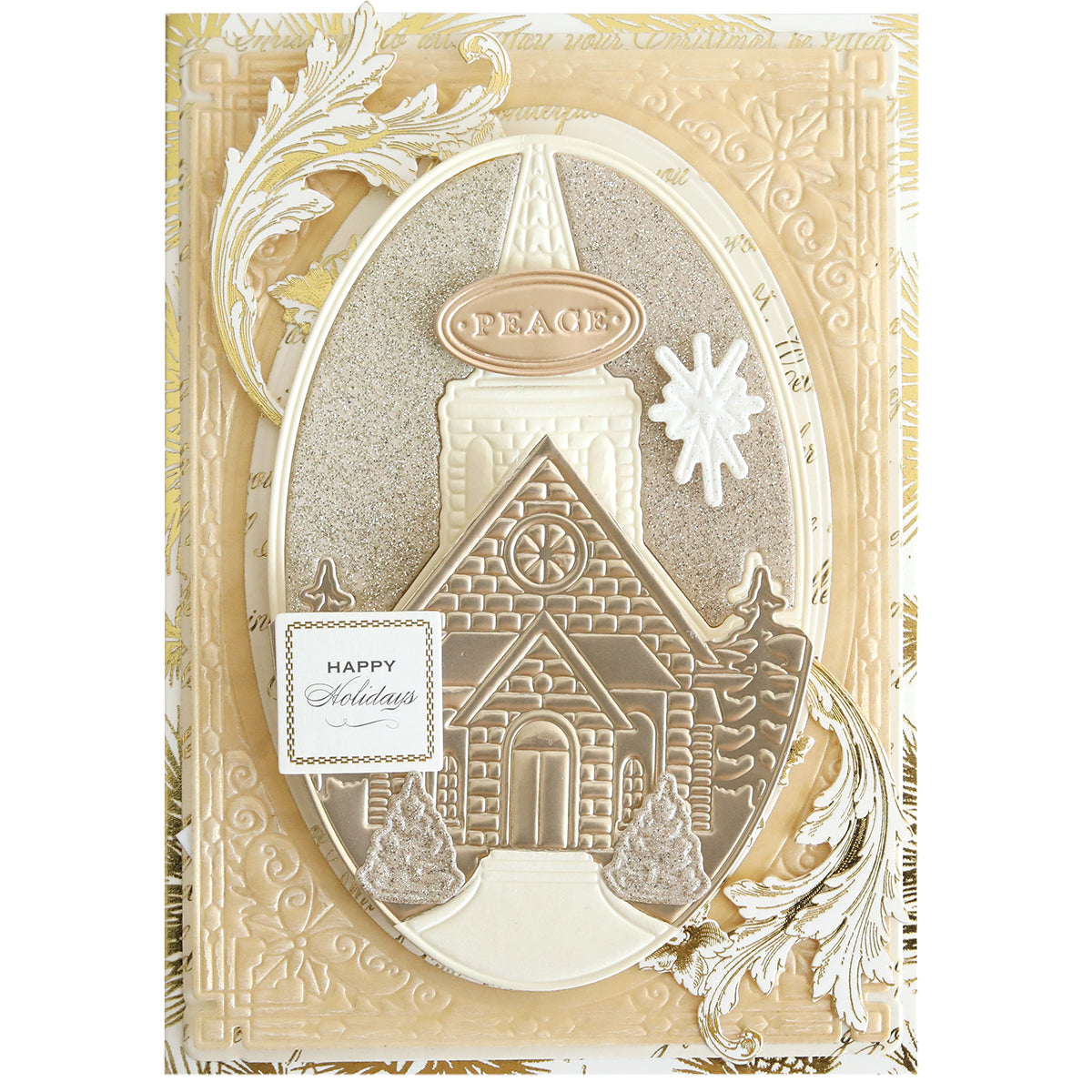 Send warm wishes with a Christmas card made using the Christmas Church Frame 3D Dies, featuring an embossed church, trees, "PEACE" sign, gold and cream accents, a "Happy Holidays" message, and a decorative snowflake—perfect for festive designs.