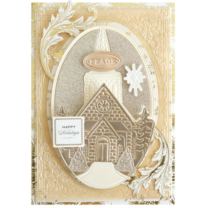 Send warm wishes with a Christmas card made using the Christmas Church Frame 3D Dies, featuring an embossed church, trees, "PEACE" sign, gold and cream accents, a "Happy Holidays" message, and a decorative snowflake—perfect for festive designs.
