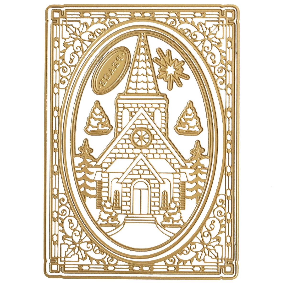 The Christmas Church Frame 3D Dies features a gold decorative frame with an intricate church, two trees, a star, and swirling patterns—ideal for creating elegant Christmas cards.