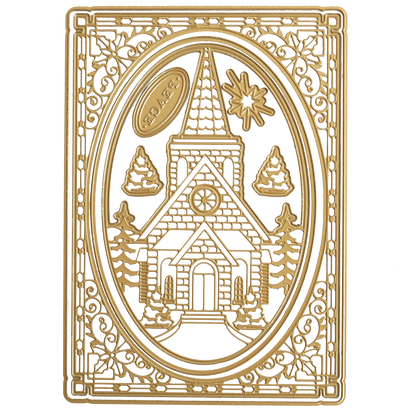 The Christmas Church Frame 3D Dies features a gold decorative frame with an intricate church, two trees, a star, and swirling patterns—ideal for creating elegant Christmas cards.