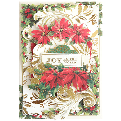 Holiday card featuring red poinsettias, holly leaves, and gold accents inspired by the Gilded Christmas Hot Foil Plate Bundle, with "Joy to the World" elegantly displayed in the center—a perfect inspiration for your next holiday card making project.