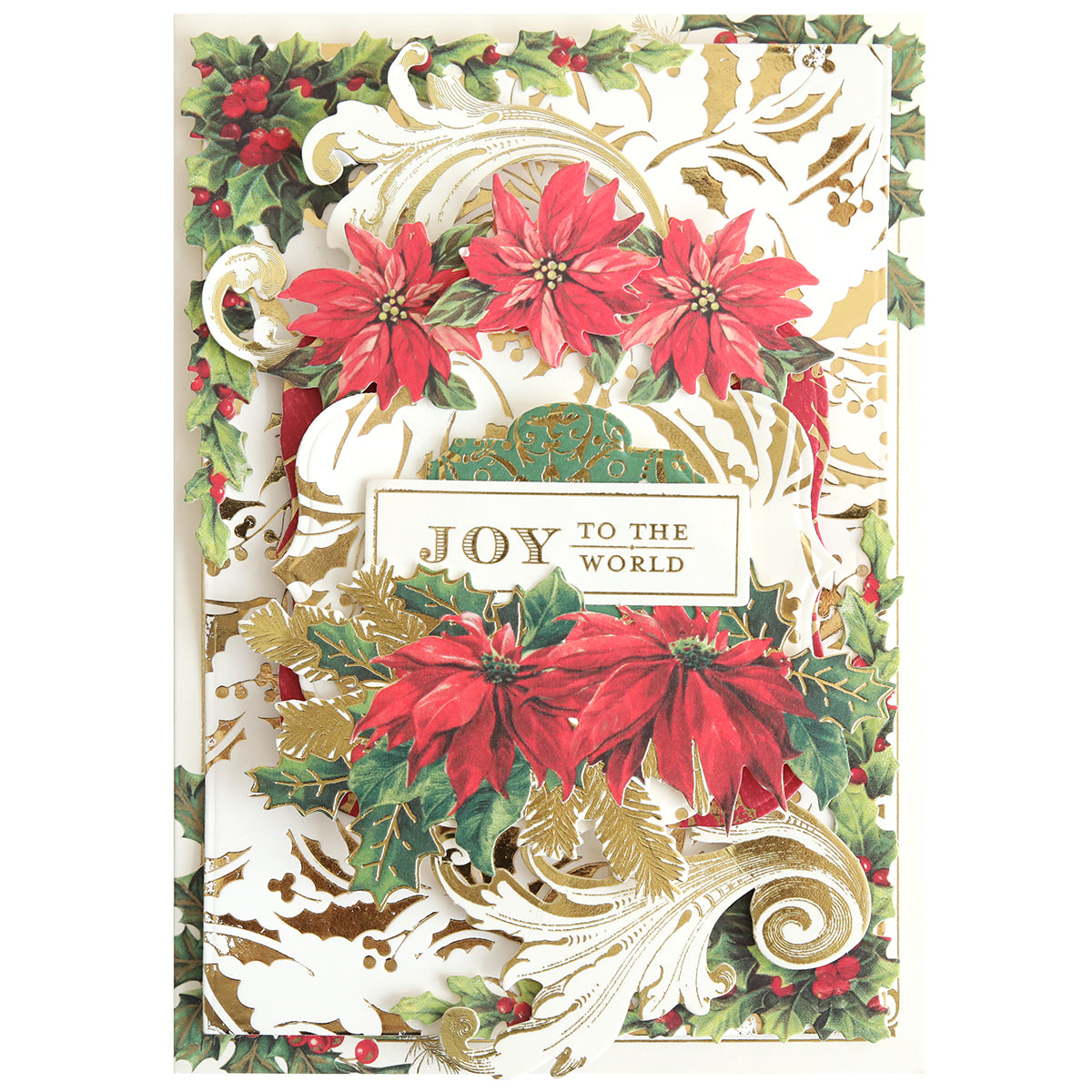Greeting card with gold accents, red poinsettia flowers, green leaves, and a charming Christmas holly pattern featuring foiled backgrounds. The sentiment "Joy to the World" shines at the center, beautifully highlighted by touches from the Gilded Christmas Holly Hot Foil Plate.