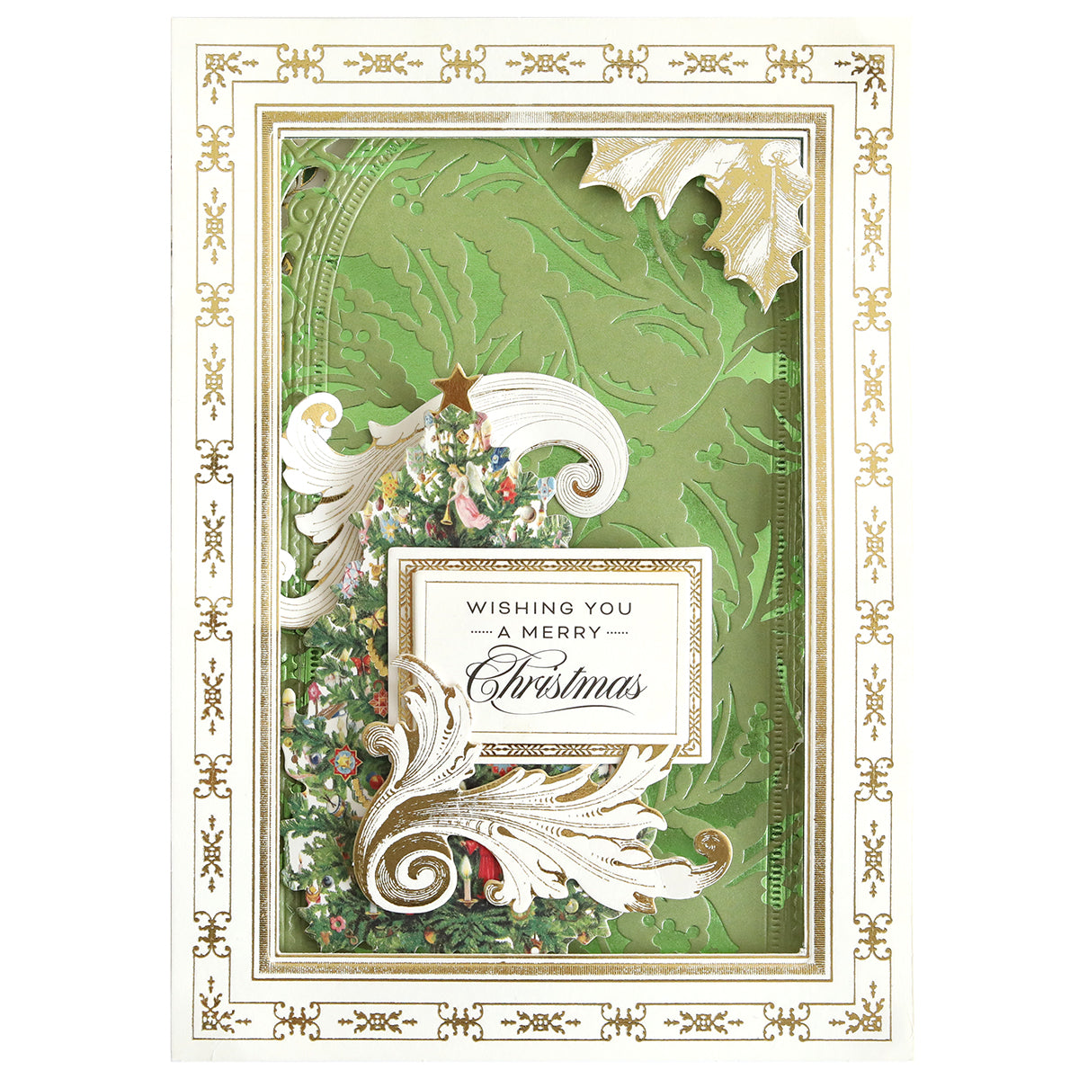 Create stunning holiday cards with the Gilded Christmas Hot Foil Plate Bundle, featuring a decorative design of a stylized tree, holly leaves, and gold accents. The plate impresses the heartfelt message "Wishing You a Merry Christmas" in elegant script on a festive green background—perfect for adding brilliance to your cardmaking projects using your favorite hot foil techniques.
