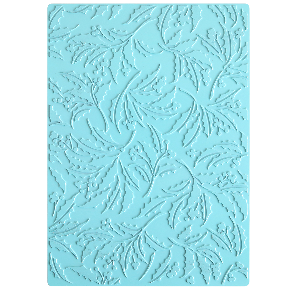 A blue rectangular mat featuring an embossed, swirling pattern of leaves and berries, inspired by a classic Christmas Holly motif—ideal for crafting elegant foiled backgrounds with the Gilded Christmas Holly Hot Foil Plate.