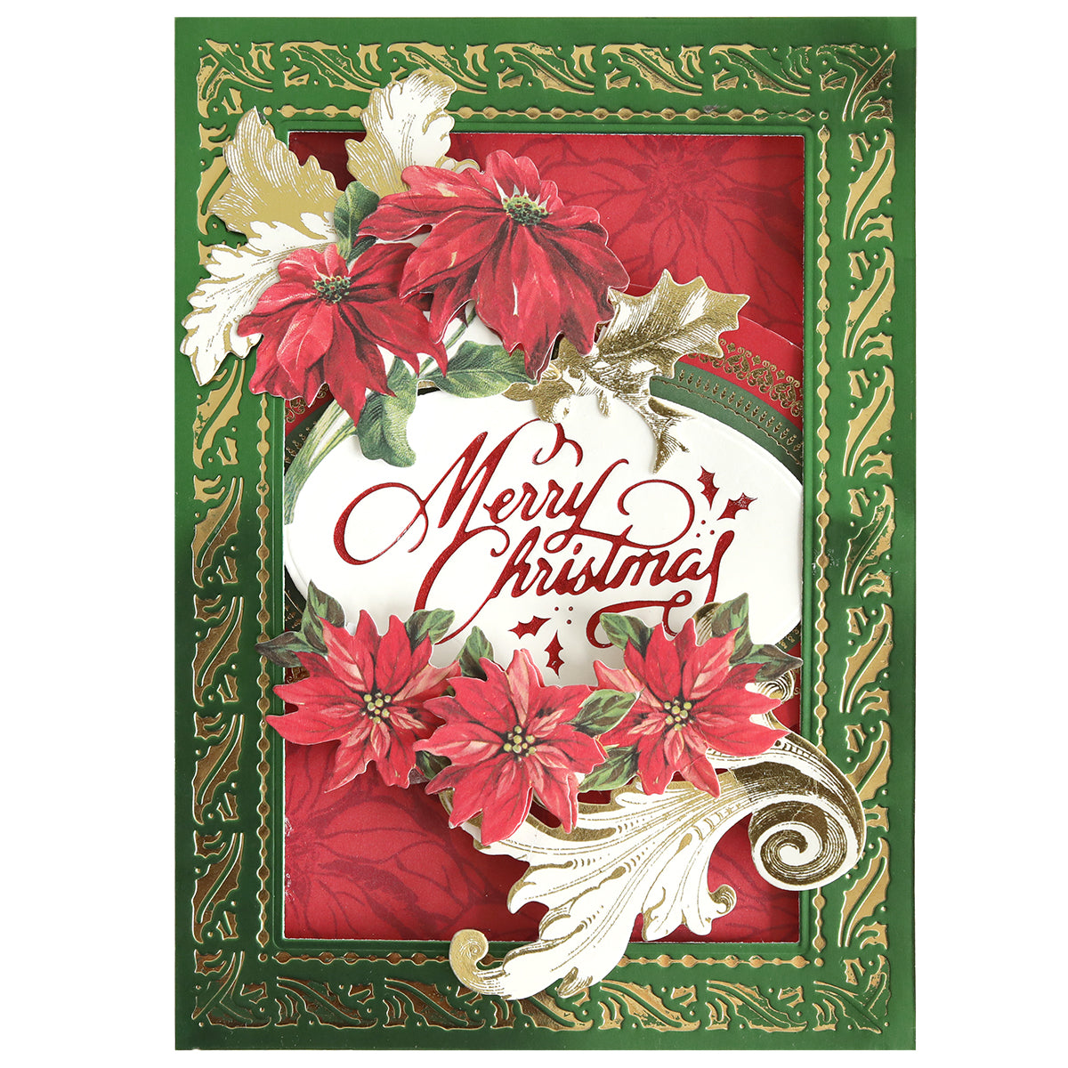 The Gilded Christmas Frame and Sentiments Hot Foil Plate creates a decorative card with red poinsettias, gold accents, and “Merry Christmas” in cursive—ideal for handmade holiday cards or festive seasonal greetings.