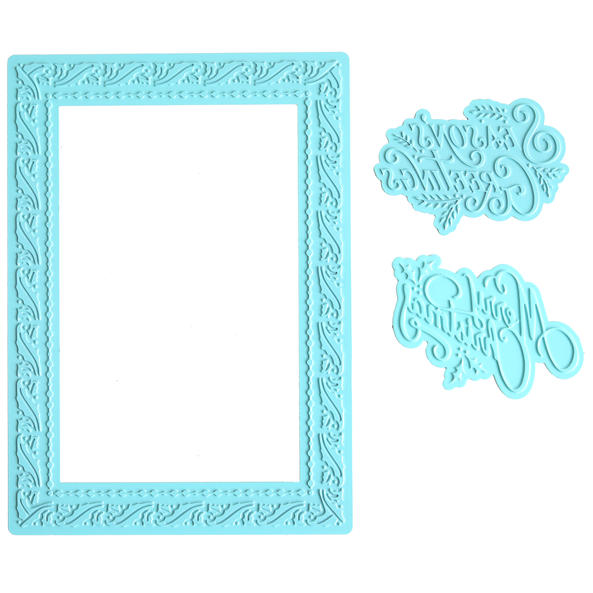 The Gilded Christmas Frame and Sentiments Hot Foil Plate features a blue rectangular decorative frame with intricate patterns, ideal for handmade holiday cards, plus two script-style decorative elements on the right.