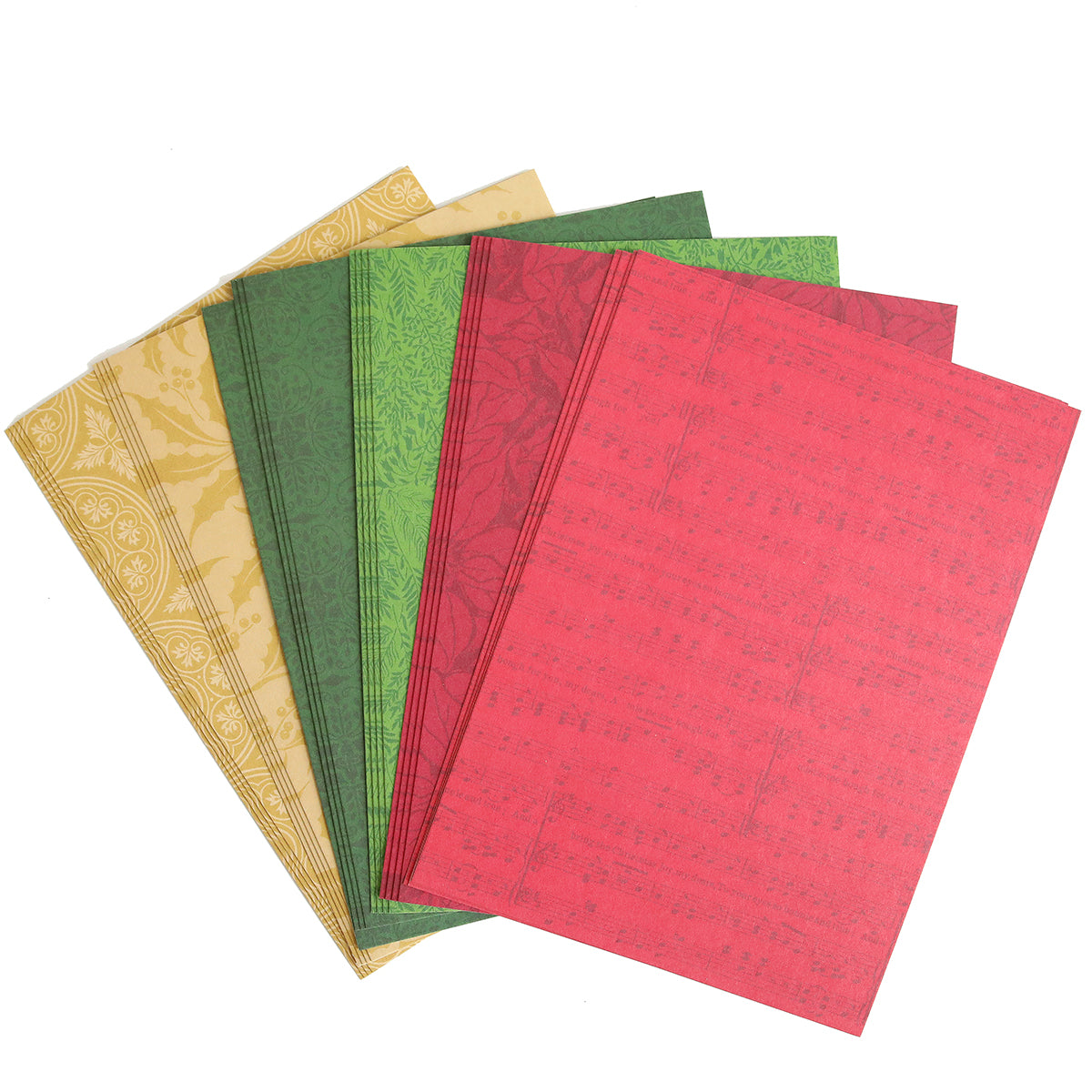 Five sheets of Holiday Color Drenched Cardstock in vibrant red, green, and yellow are elegantly fanned out on a white background. Perfect for Christmas card making, this double-sided cardstock adds festive flair to your seasonal creations.