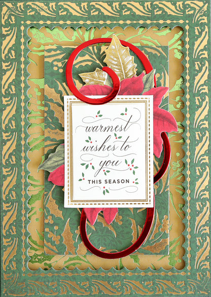 Celebrate the season with an elegant holiday card highlighted by a gold and green border, adorned with vivid red poinsettias and shimmering gold leaves. The central message, "Warmest wishes to you this season," appears in graceful cursive script. Crafted from premium double-sided cardstock and Holiday Color Drenched Cardstock, this design brings both sophistication and versatility to your Christmas card making projects.