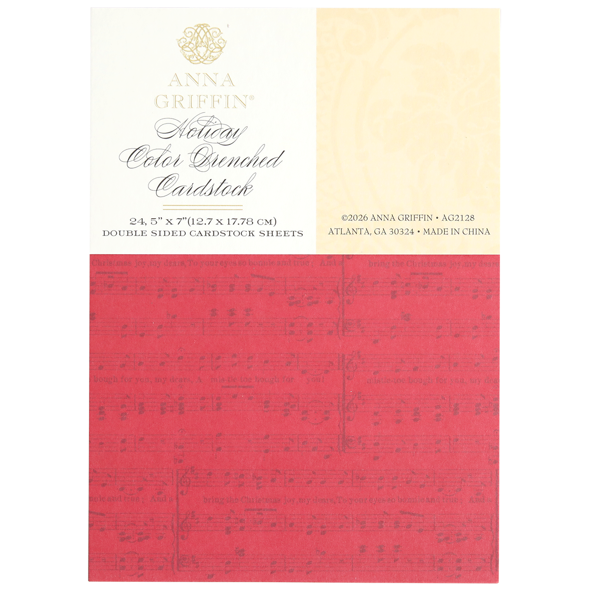 Red Holiday Color Drenched Cardstock sheet featuring subtle music note designs; this double-sided cardstock is ideal for Christmas card making. Product details and company information are displayed at the top of the packaging.