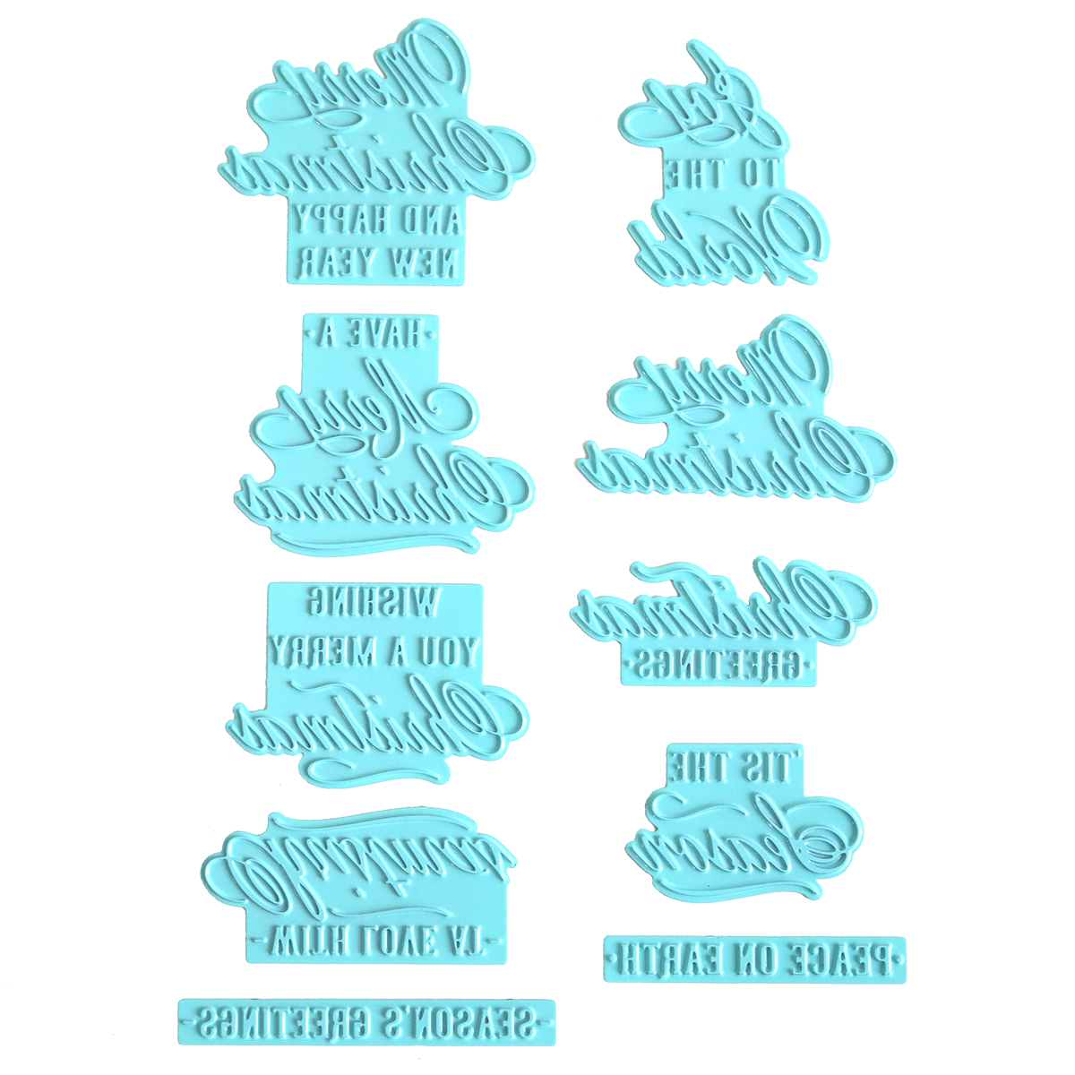 Eight blue plastic embossers with reversed festive phrases, such as "Happy New Year," "Season's Greetings," and "Wishing You A Merry Christmas," are arranged on a white background. These embossers are ideal for adding charming holiday greetings to your foiled Christmas cards or for use with the Gilded Small Christmas Sentiments Hot Foil Plates.