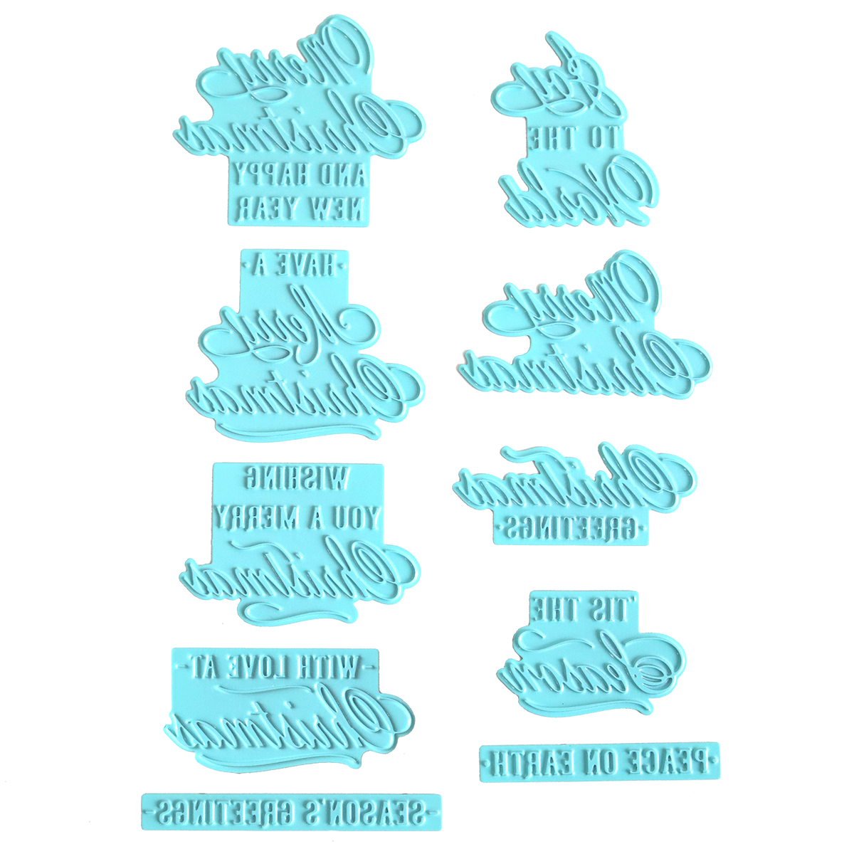 Eight blue plastic hot foil plates, styled after the "Gilded Small Christmas Sentiments Hot Foil Plates," are arranged on a white background. Featuring mirrored holiday greeting phrases reminiscent of classic Christmas designs, these plates may be tricky to read at first glance but are ideal for adding festive sentiment to your cards or baked goods.