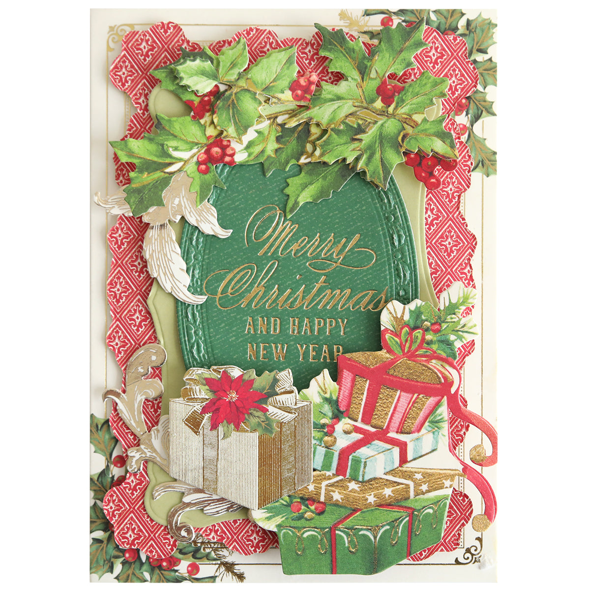 Share your holiday wishes with this beautifully foiled Christmas card, featuring holly, gifts, and the gold text "Merry Christmas and Happy New Year." The elegant details are inspired by designs created with the Gilded Small Christmas Sentiments Hot Foil Plates—perfect for sending festive greetings.
