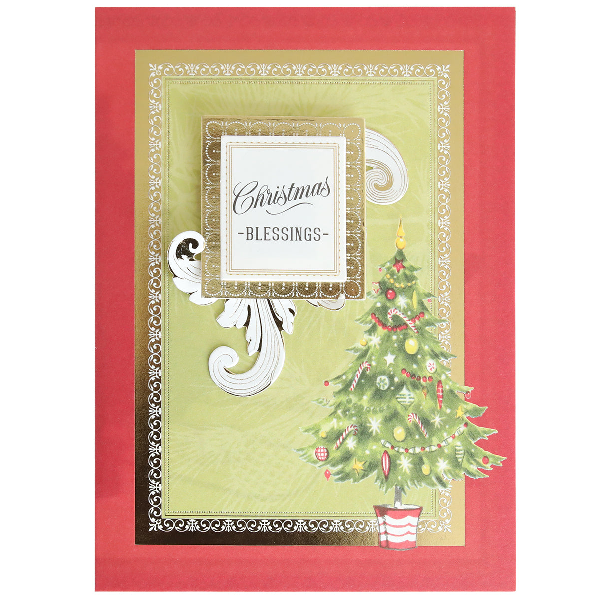 Add a personal touch to your holiday greetings with this handmade Christmas card, showcasing a decorated tree and the message “Christmas Blessings” on a gold and green background with a red border. Perfect for pairing with the Folded Christmas Tree Card Making Kit or any holiday card kit.
