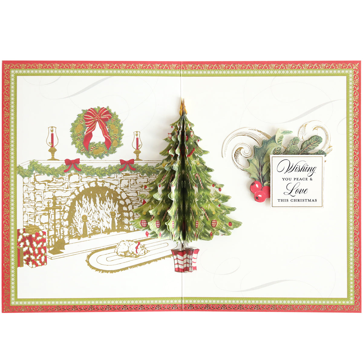 Create heartfelt holiday cards with the Folded Christmas Tree Card Making Kit. This kit features supplies to make a pop-up Christmas tree, along with decorations like a cozy fireplace with stockings and a festive wreath. Includes the cheerful message, "Wishing you peace & love this Christmas." Ideal for anyone who loves handmade holiday greetings or wants to craft their own folded Christmas tree cards for friends and family.